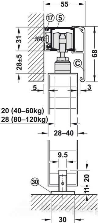 Фурнитура для раздвижных дверей Hafele Slido Classic 40-P Variante B, на одну створку 